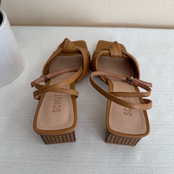 New Schutz Mindy Caramel Leather Knot Ankle Strap Bamboo Heel Sandals Women’s 6B - Picture 10 of 15